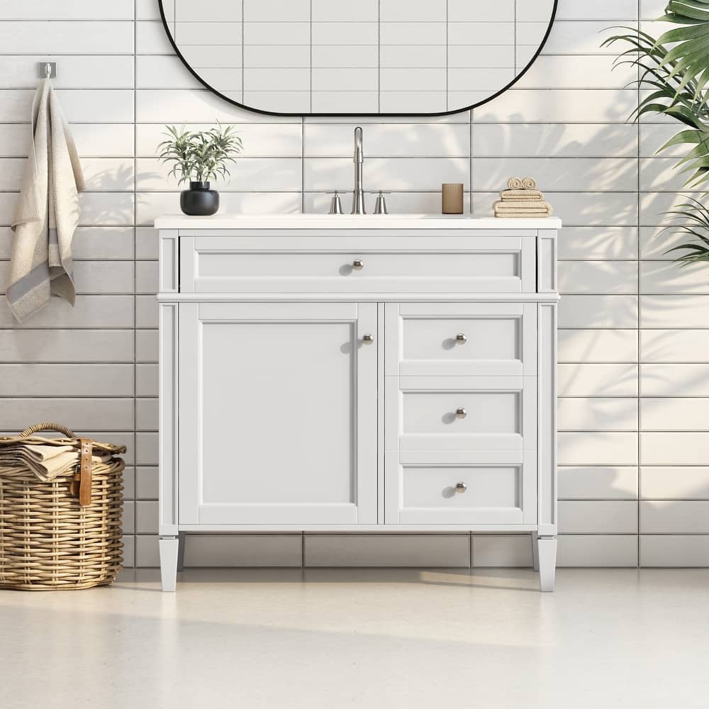 Modern Storage Cabinet Bathroom Vanity with Resin Sink, Tip-out Drawer, 2 Drawers, Side Door Organizer and Adjustable Shelf