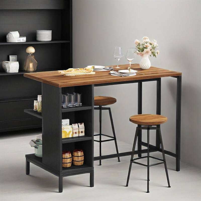 Freestanding Kitchen Walnut Top Island with 5 Open Shelves and Adjustable Feet Black Metal Frame - 43.3”L x 23.62”W x 35.43”H