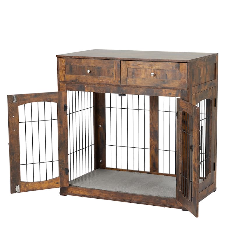 Dog Crate Furniture with Cushion & 2 Drawers