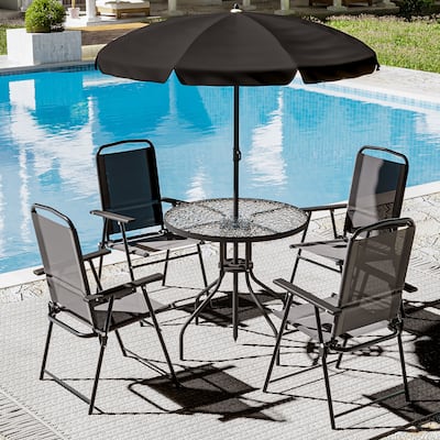 BOSSIN 6 Piece Foldable Metal Outdoor Dining Set with Umbrella, Table & Chairs for Deck, Lawn, Backyard