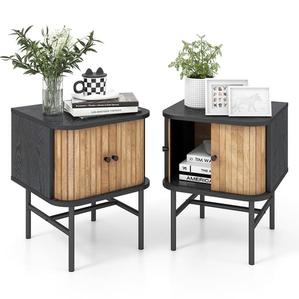 slide 1 of 1, Gymax Set of 2 Nightstand Compact Modern End Side Table with Sliding overstock.com/bedbathandbeyond.com - Modern & Contemporary - Includes Hardware - Powder Coated - Assembly Required - Metal - Black
