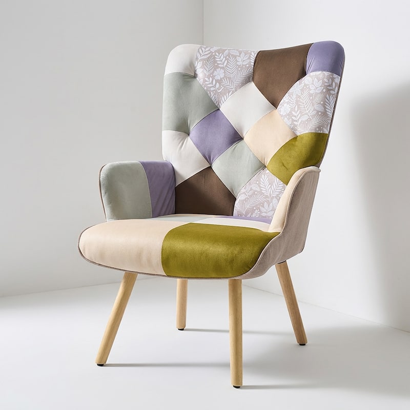 Upholstered Wingback Accent Chair with Rubberwood Legs & Levelers