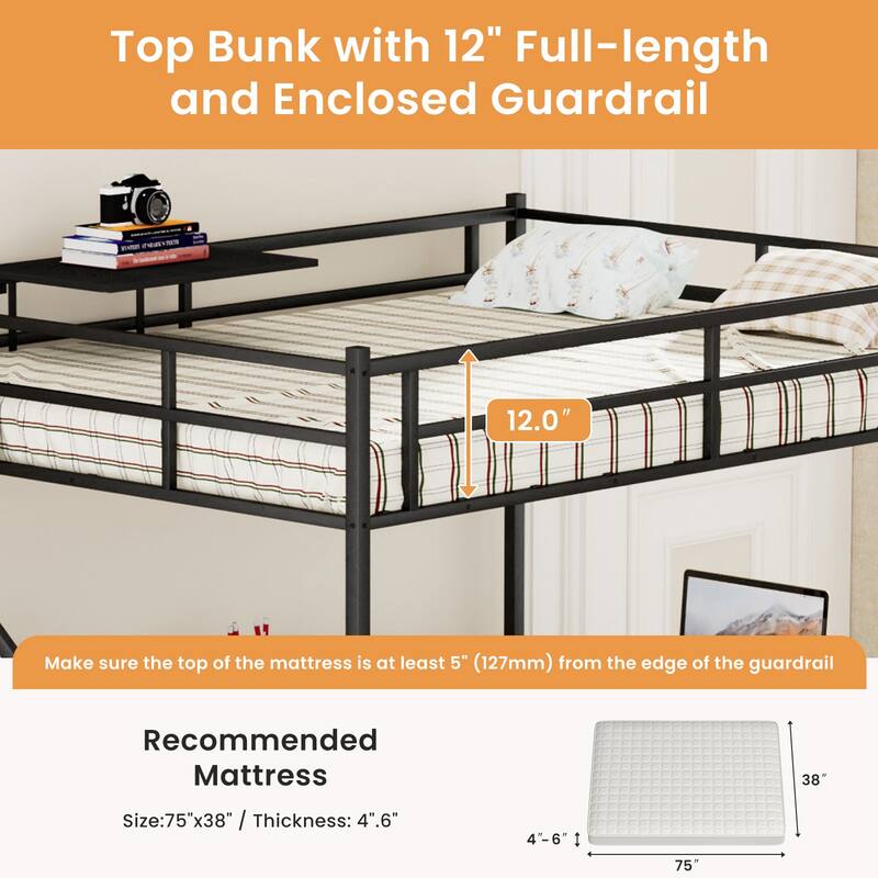 Full Size Metal Loft Bed with L-Shaped Desk, RGB LED Lighting, USB Charging Station, Wardrobe Cabinet, Drawers, Ladder