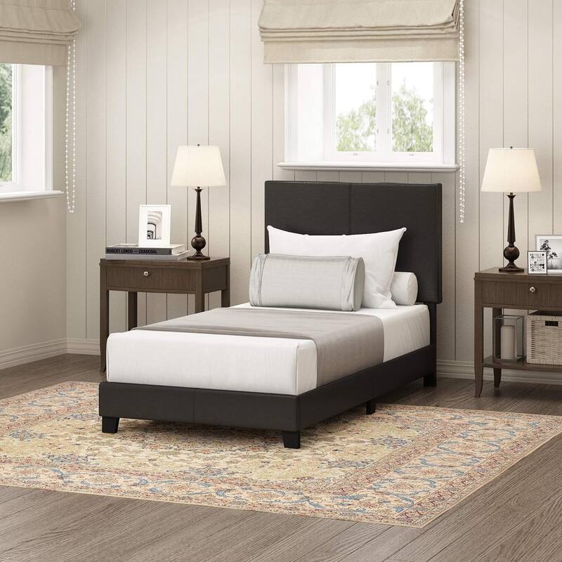King Bed Frame Upholstered Black PU Leather Platform Bed Modern Glam Style