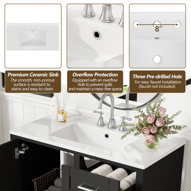 Elegant 36-Inch Bathroom Vanity with Undermount Ceramic Sink, Soft Close Storage Drawers, Silver Handles - Contemporary Look