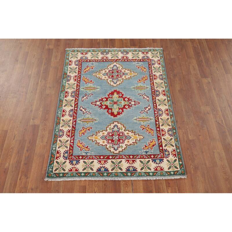 Light Blue Medallion Kazak Oriental Rug Hand-Knotted Wool Carpet - 3'5" x 4'10"