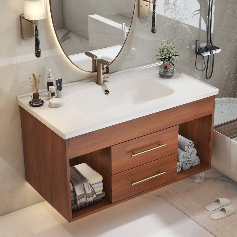 35.4" Single Bathroom Vanity with Integrated Ceramic Undermount Sink - White+Walnut