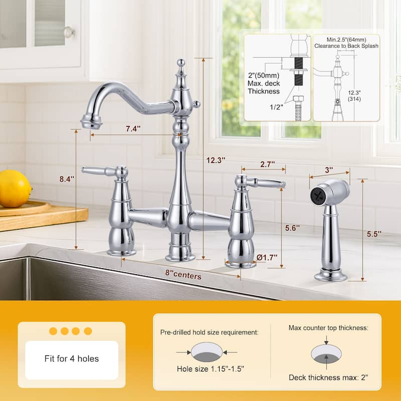 WOWOW 4 Hole Double Handle Bridge Kitchen Faucet with Side Sprayer