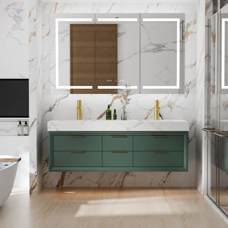 36/48/60 Modern LED Floating Bathroom Vanity with Single/Double Sink & Soft-Close Drawers & Waterproof, Green - 60''double sink