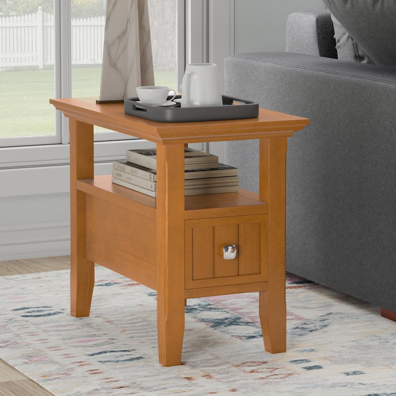 WYNDENHALL Normandy 14 inch Wide Solid Wood Transitional Narrow Side Table with Drawer - 24" D x 14" W x 20" H - Light Golden Brown