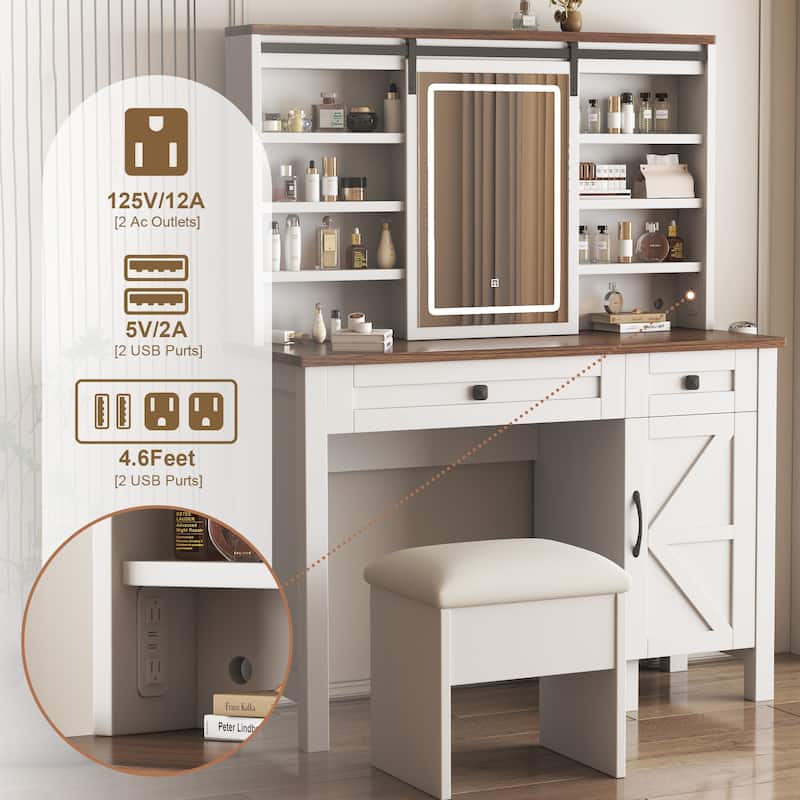 Farmhouse Makeup Vanity Desk with Sliding Mirror and Lights and Hairdryer holder and charging socket