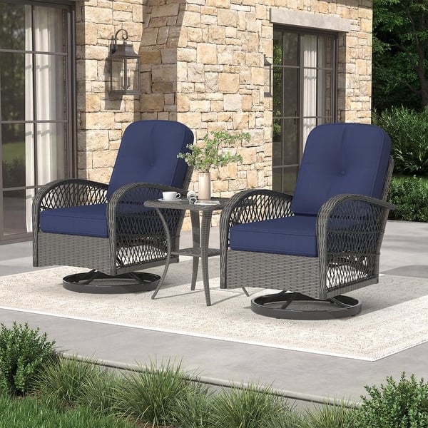 slide 2 of 9, EROMMY Outdoor 3 Pieces Swivel Rocker Patio Chair Sets with Glass Table, All-Weather Wicker & Thickened Cushions for Backyard 3-Piece - Navy Blue
