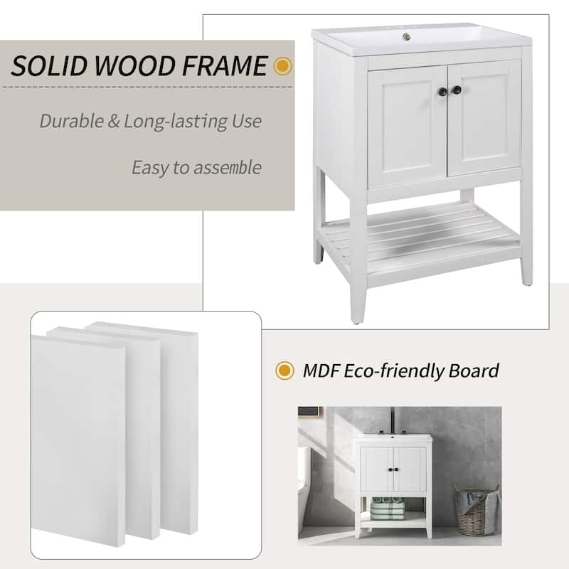 24" White Modern Sleek Bathroom Vanity Elegant Ceramic Sink with Solid Wood Frame Open Style Shelf