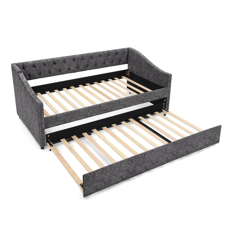 Twin Size Daybed with Pull Out Bed Trundle, Upholstered Button-Tufted Backrest Sofa Bed with Nailhead Trim & USB Charging Ports