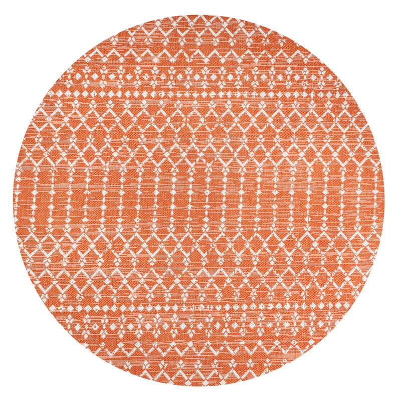 JONATHAN Y Trebol Moroccan Geometric Textured Weave Indoor/Outdoor Area Rug - 5' Round - Orange/Cream