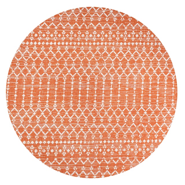 JONATHAN Y Trebol Moroccan Geometric Textured Weave Indoor/Outdoor Area Rug - 5' Round - Orange/Cream