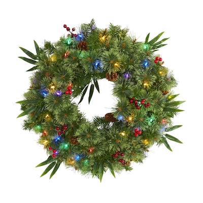 24" Mixed Pine Christmas Wreath with 50 Multicolored LED Lights