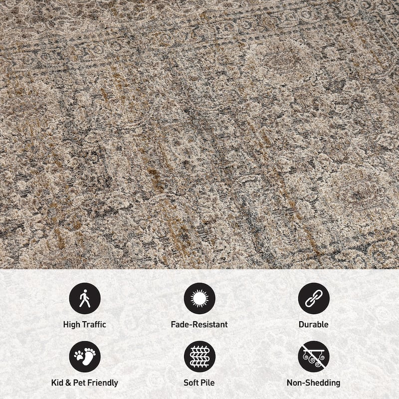 World Rug Gallery Vintage Border Stone Gray Indoor High-Low Area Rug