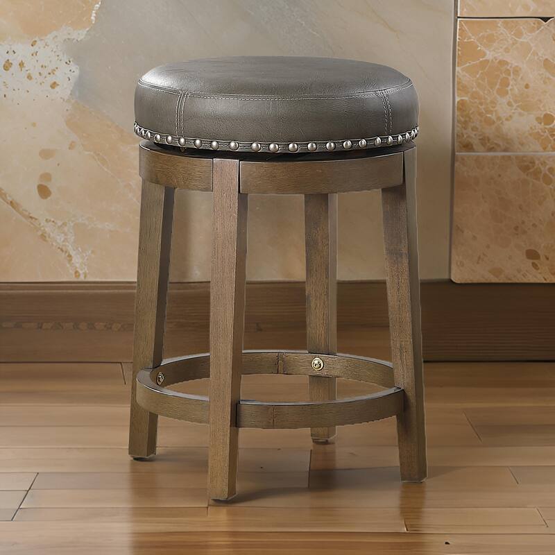 Bara 25 Inch Swivel Counter Stool Gray Round Faux Leather, Brown Solid Wood