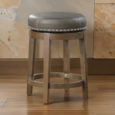 Bara 25 Inch Swivel Counter Stool Gray Round Faux Leather, Brown Solid Wood