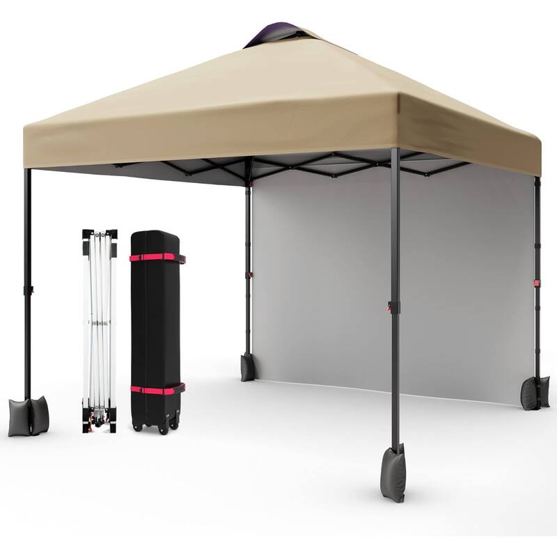 10x10ft Portable Instant Pop Up Canopy Tent with 1 Sidewall for Parties, Camping, Beach - N/A - Tan
