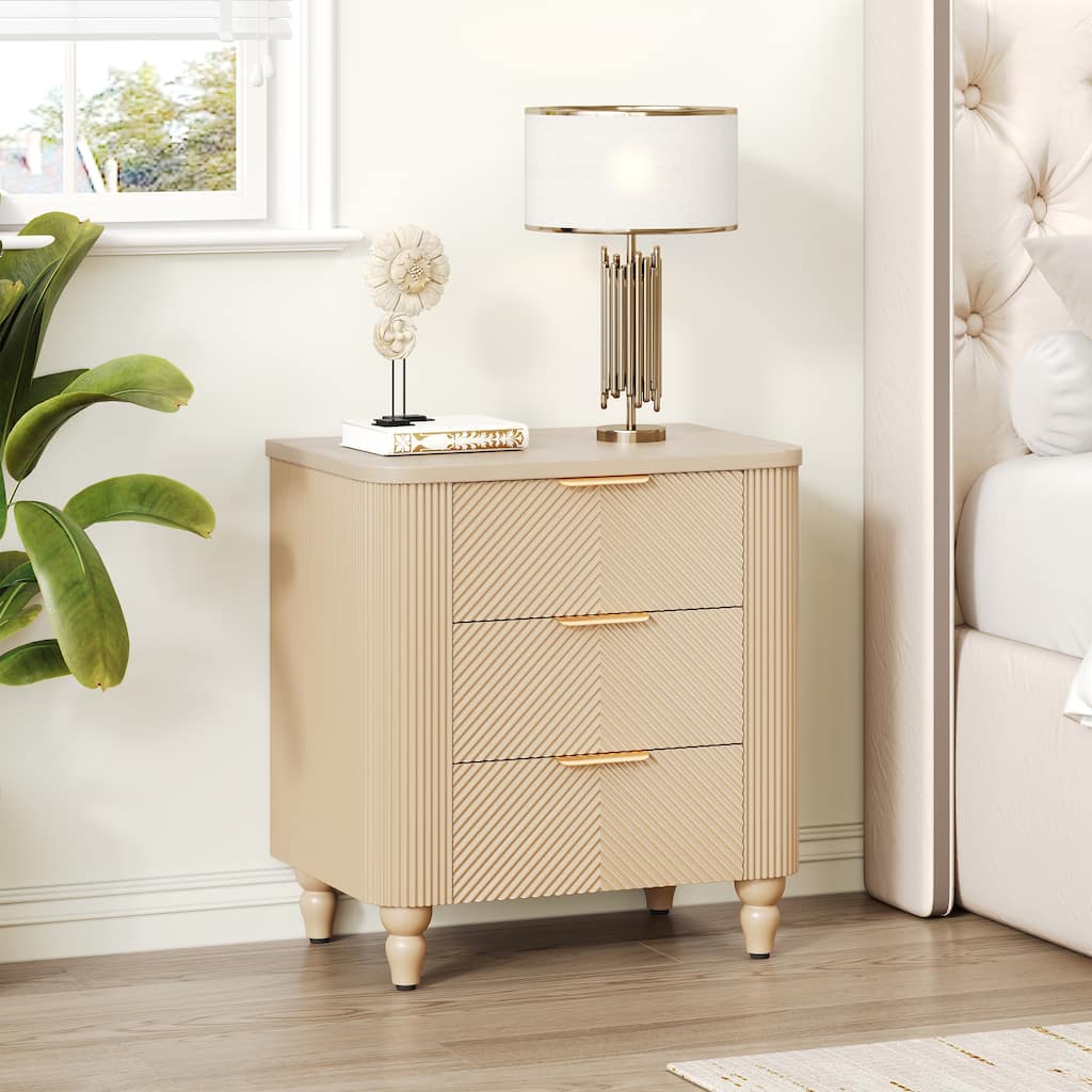 Mid-Century Fluted 3-Drawer Nightstand - Curved Profile + Wide Gold Glossy Handles, Easy Assembly Bedside/End Table (Champagne)