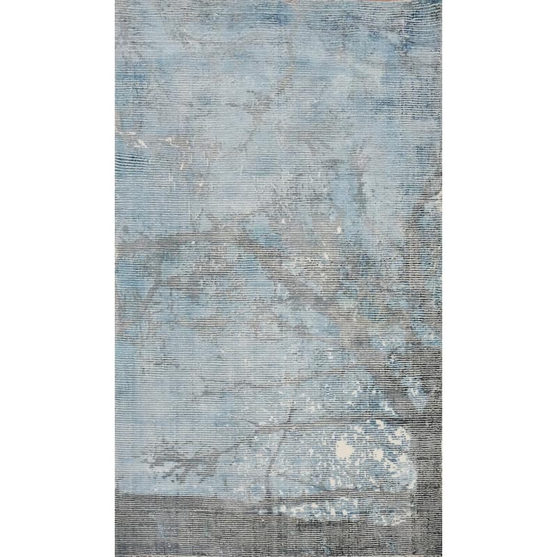Hand Knotted Oriental Viscose Silk Carpet Modern All-Over Navy Blue & Blues Abstract Area Rug - 5' 0'' X 3' 0''
