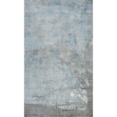 Hand Knotted Oriental Viscose Silk Carpet Modern All-Over Navy Blue & Blues Abstract Area Rug - 5' 0'' X 3' 0''