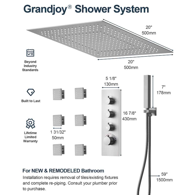 GRANDJOY LUXURY Shower Faucet System 20" Ceiling Mount LED Rainfall Shower Faucet with 6 Body Jets Handheld Spray with Hose