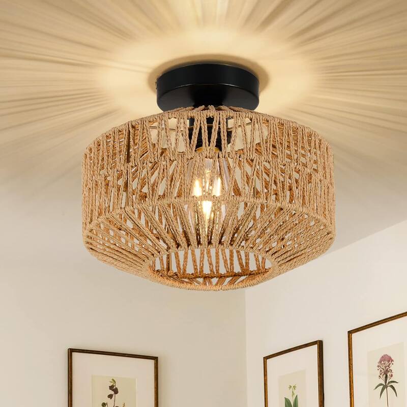 Light Fixtures Ceiling Mount,Rattan Semi Flush Mount Ceiling Light,Farmhouse Light Fixtures with Fabric Shades - Brown