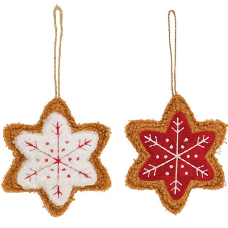 Red Brown White Fuzzy Snowflake Gingerbread Ornament with Jute Hanger, 2 Asstd - 4.75 x 0.75 x 4.75 in. - White/Brown/Red