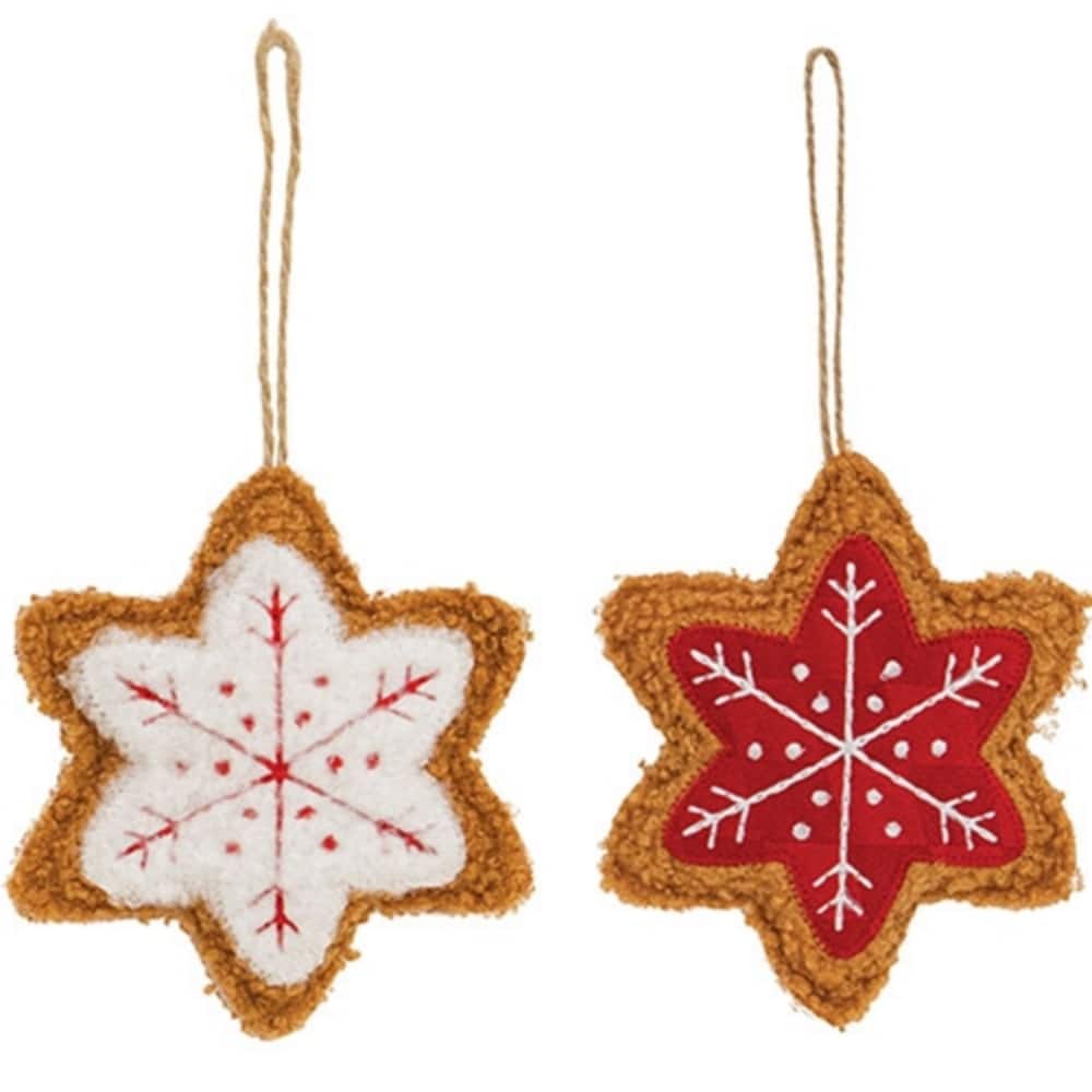 Red Brown White Fuzzy Snowflake Gingerbread Ornament with Jute Hanger, 2 Asstd - 4.75 x 0.75 x 4.75 in.