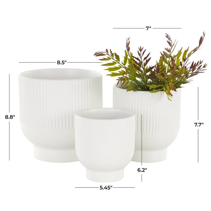 Ceramic Indoor Outdoor Planter with Linear Grooves and Tapered Bases - Set of 3 Black, Light Blue, White - Roche River Decor
