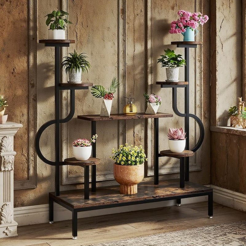 Black-Brown Metal and Wood 8-Tier Corner Plant Stand with Mixed Shelves - 39.37” x 15.74” x 49.6”