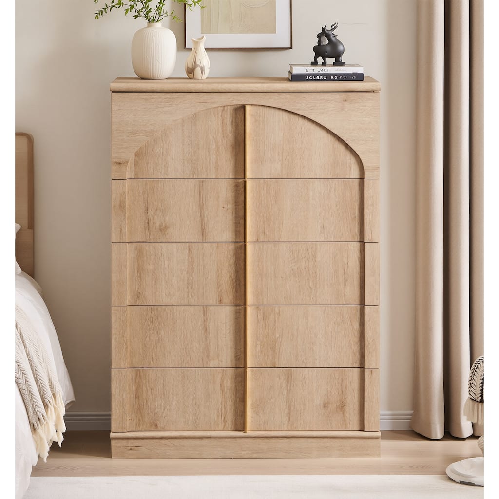 44" Tall Modern 5 Drawers Dresser with Arched Panel, Chest of Drawers