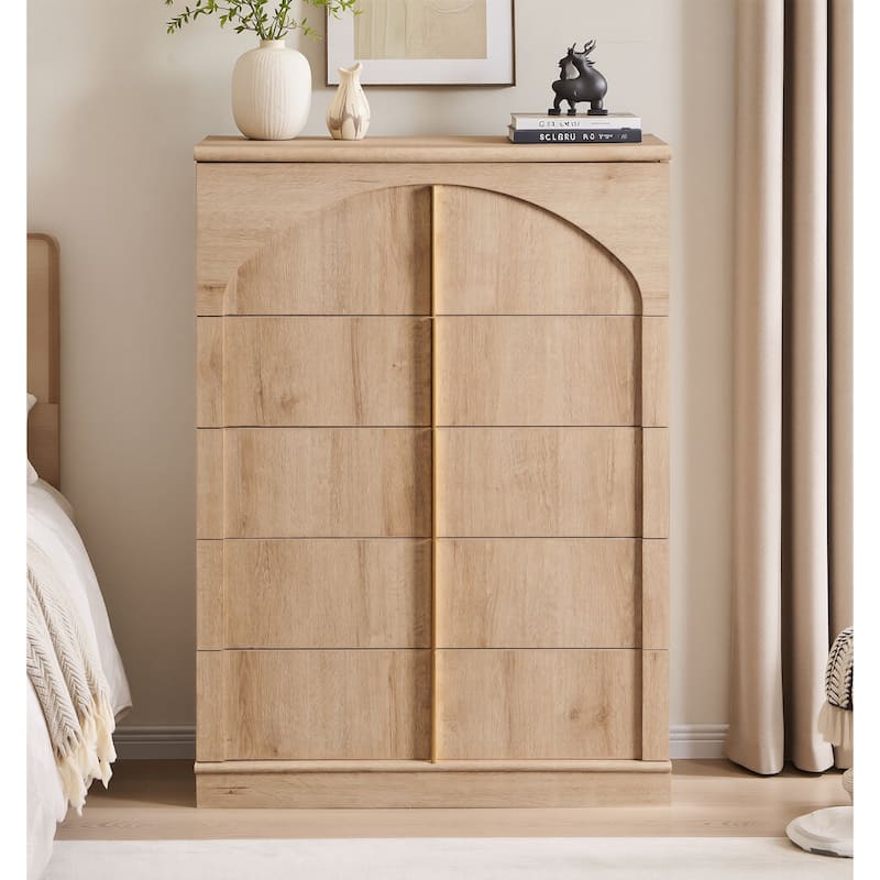 44" Tall Modern 5 Drawers Dresser with Arched Panel, Chest of Drawers - Natural Oak