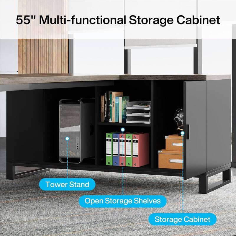 70.8" L-Shaped Executive Desk with 55" File Cabinet, Large Computer Desk with Storage Shelves/Cabinet for Home Office