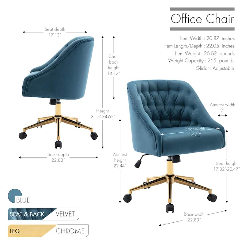 Porthos Home Hattie Tufted Velvet Office Chair, Gold Base With Wheels