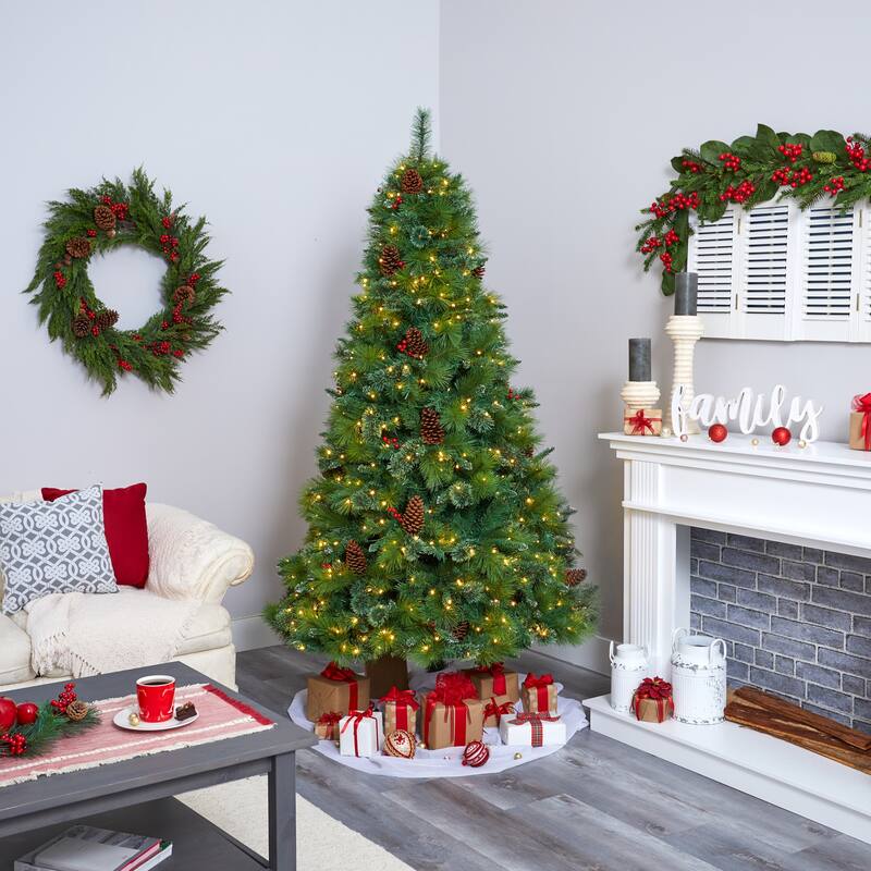 7ft. Mixed Pine Artificial Christmas Tree with Pine Cones, Berries and 500 Clear LED Lights - Full & Lush Holiday X-Mas Display