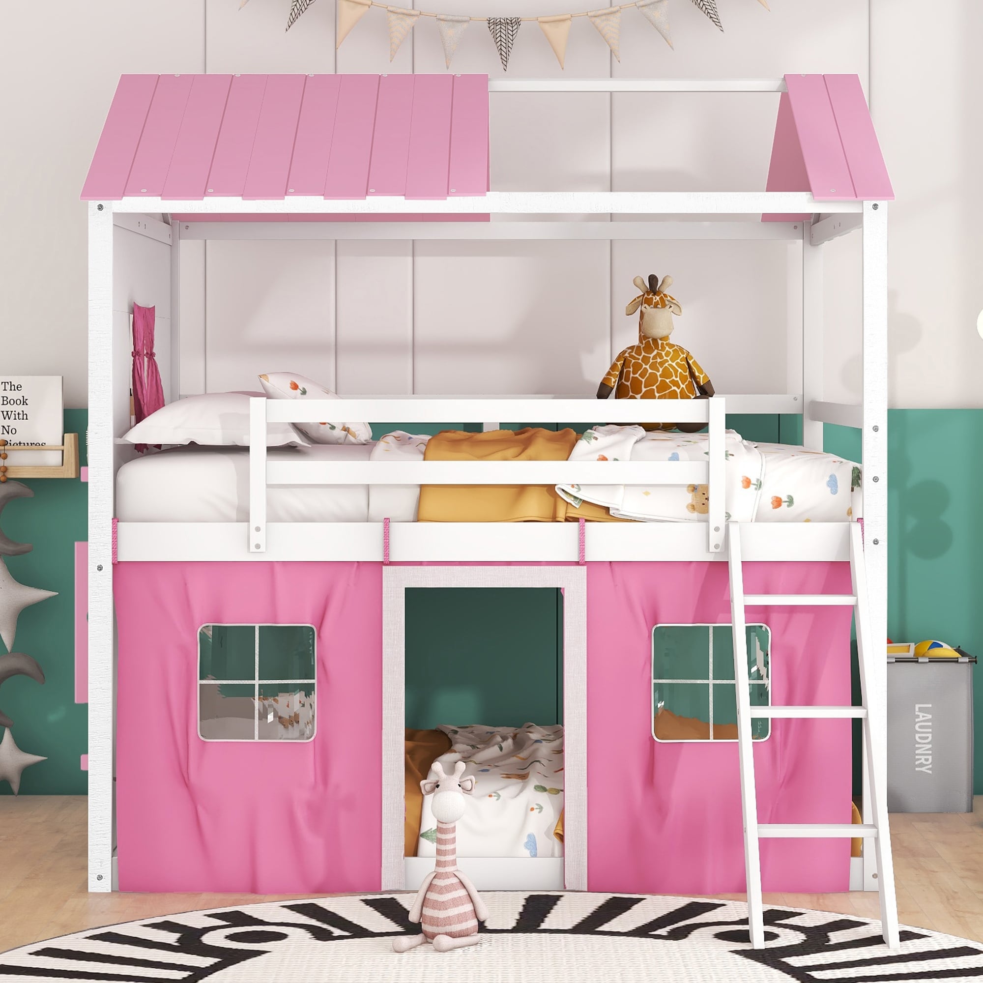 Full over Full Bunk Bed Loft Bed House Shaped Bed Pink