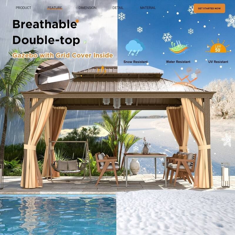 Erommy Pro Series Outdoor Galvanized Steel Roof Gazebo Pergola w/ Aluminum Frame & Vertical Rain Cutter