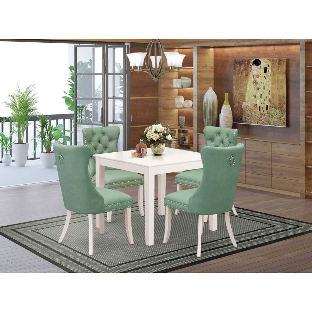 5-Piece Linen White Finish Solid Wood Top - Square Upholstered Dining Room Set - Seats 4