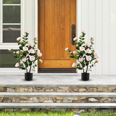 Set of 2 Faux Pink Camellia Plant with Silk Flowers and Rubberized Leaves Include Cement Base for Home Decor - 38"H