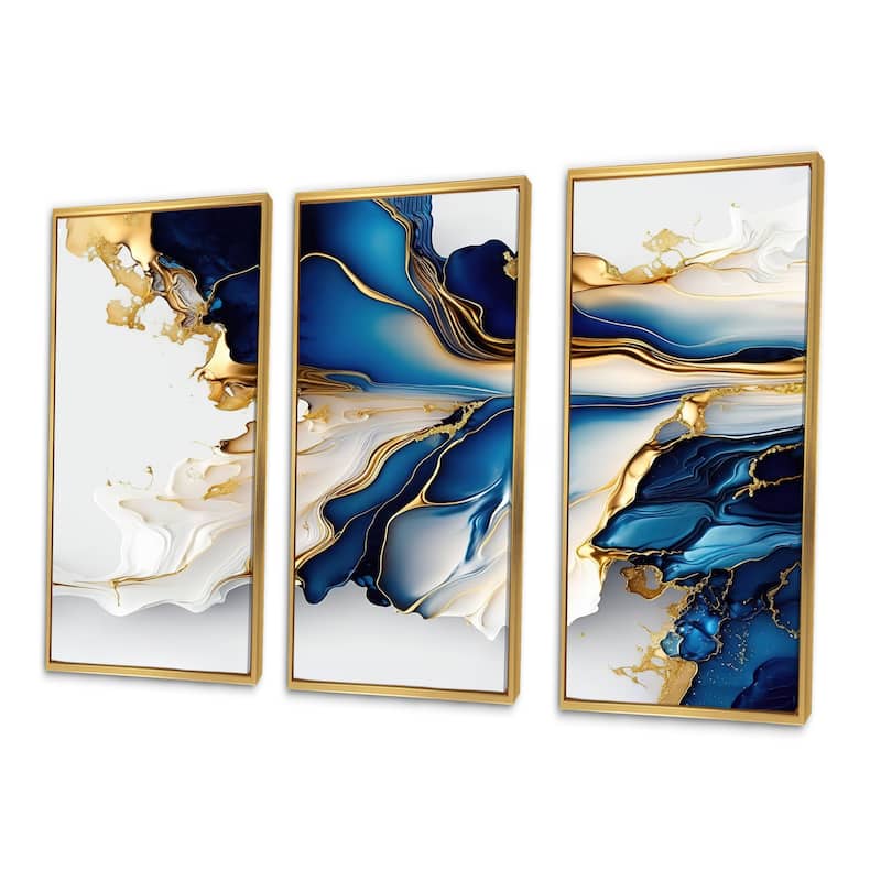 Designart "Abstract Geode Gold And Blue Marble Shape III" Modern Geometric Framed Canvas Art Print - 3 Panels