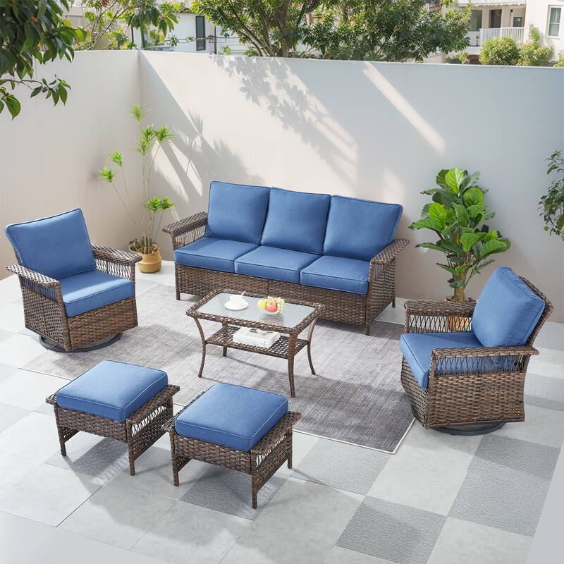 Gymojoy Patio Sectional Outdoor Sofa with Swivel Chair Table and Ottoman - Brown - Brown - Blue