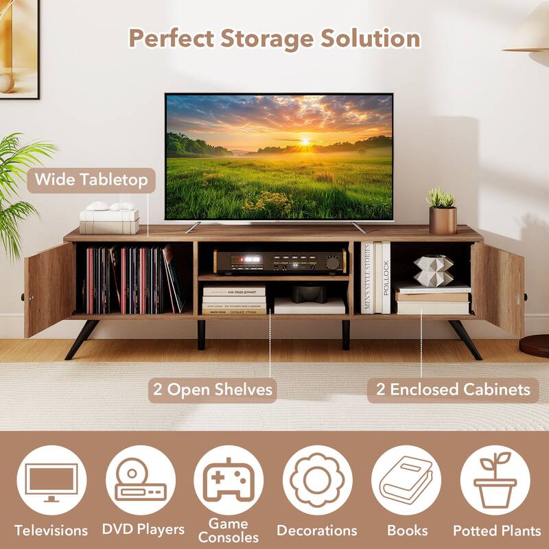 Gymax TV Stand w/2 Storage Cabinets & Open Shelves 6 Support Feet for