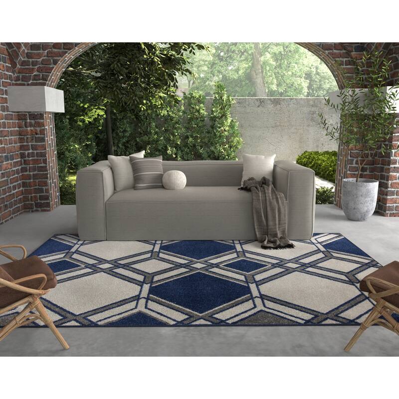 Domani Lesedi Contemporary Ivory/Denim Geometric Area Rug