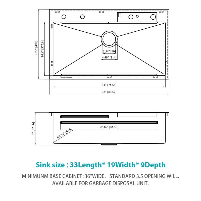 33" Drop-In 16 Gauge Single Bowl Stainless Steel Kitchen Sink - 33'' x 19.29'' x 9''