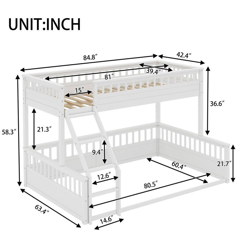 Roomfitters Twin XL over Queen Bunk Bed with Ladder and Safety Guardrails, Space-Saving Wood Frame, White