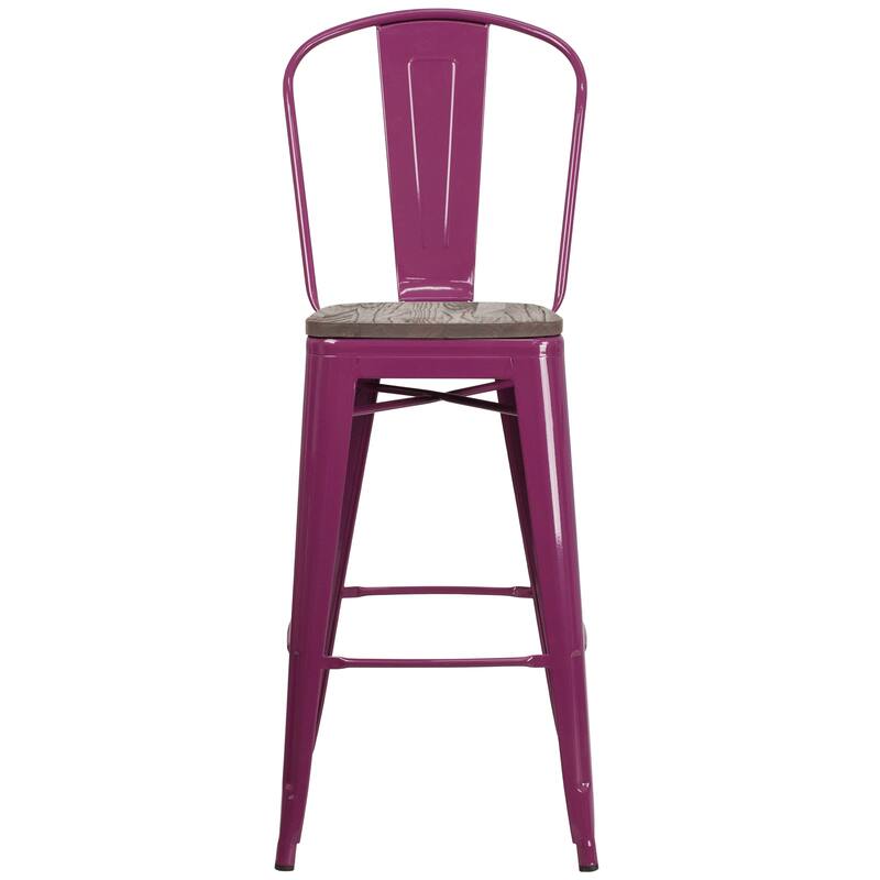 30" High Metal Barstool with Back and Wood Seat - 18"W x 19"D x 46"H - 18"W x 19"D x 46"H